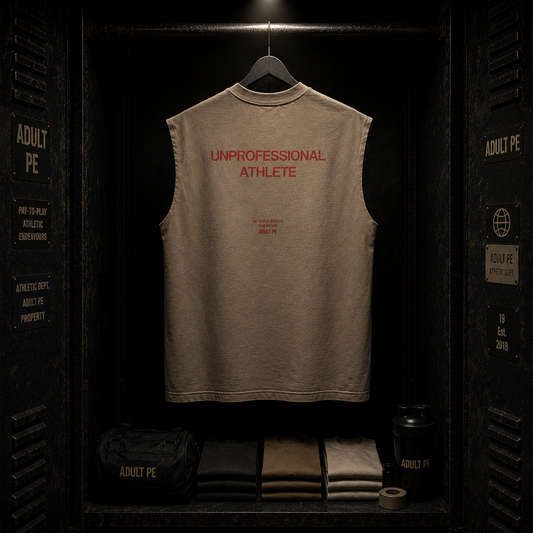 Limited Run 'Unprofessional Athlete' - Heavyweight Cut Off Tee - Faded Khaki