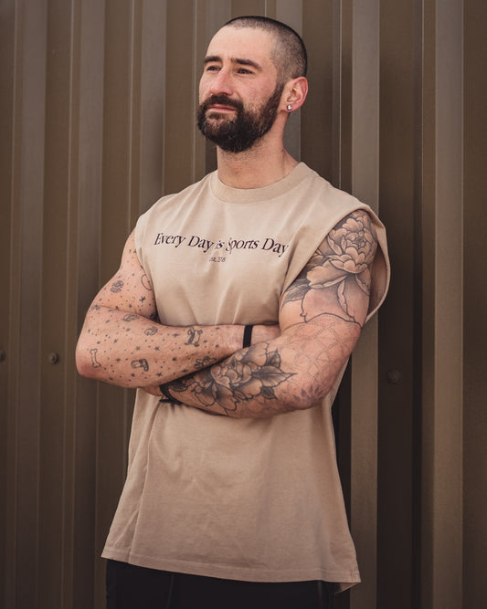 Limited Run 'EVERY DAY IS SPORTS DAY' - Heavyweight Cut Off Tee - Faded Khaki