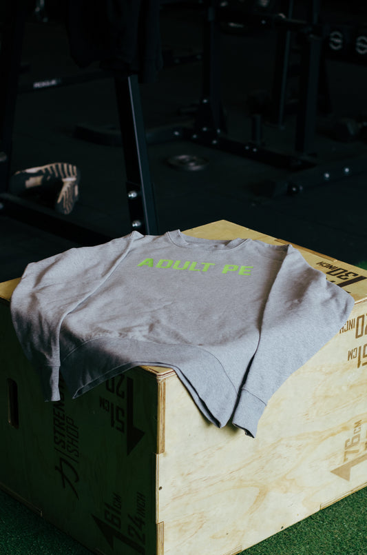 'OG ADULT PE' FLURO GREEN HEAVYWEIGHT SWEATSHIRT - GREY