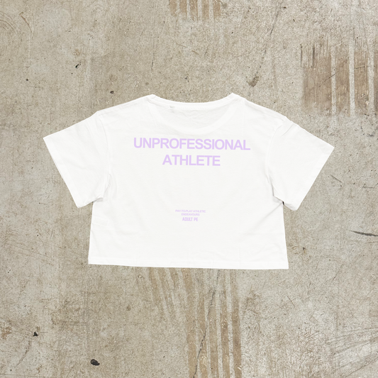 'UNPROFESSIONAL ATHLETE' PURPLE CROPPED TEE - WHITE